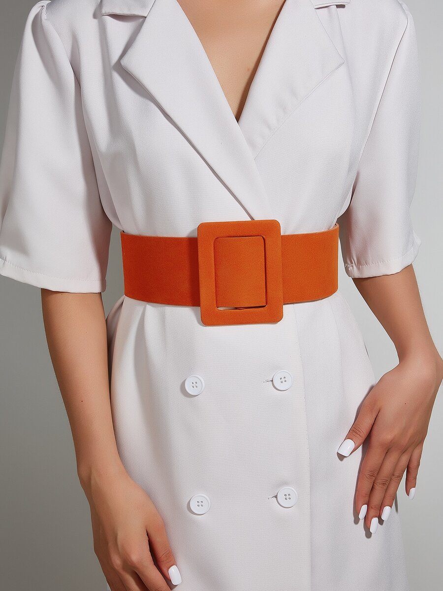 Velvet Candy Colored Square Buckle Wide Belt For Coats And Dresses - Orange - View 1