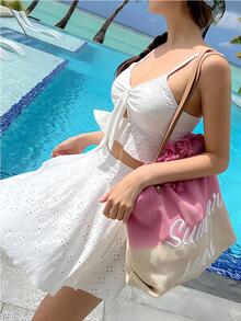 Eyelet Embroidery Ruffle Hem Bikini Set For Summer With Beach Skirt - White - View 2