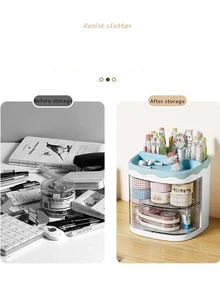 1個旋轉透明多功能桌面收納盒,設有隔間,適用於辦公室和學生 - 藍色 - 查看 4