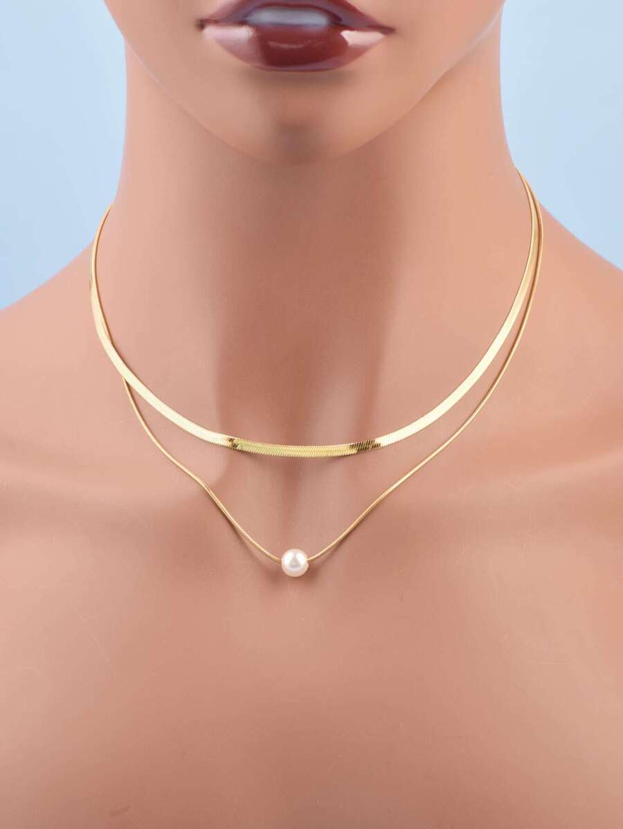 2pcs/Set Fashion Faux Pearl Decor Chain Necklace For Women For Daily Decoration - Yellow Gold - View 1