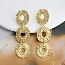 1 Pair Oval Multi-Layer Alloy Dangle Earrings For Women, Vintage Fashionable Metal Stainless Steel Long Drop Earrings, Suitable For Daily Wear And Party Occasions - Yellow Gold - View 2