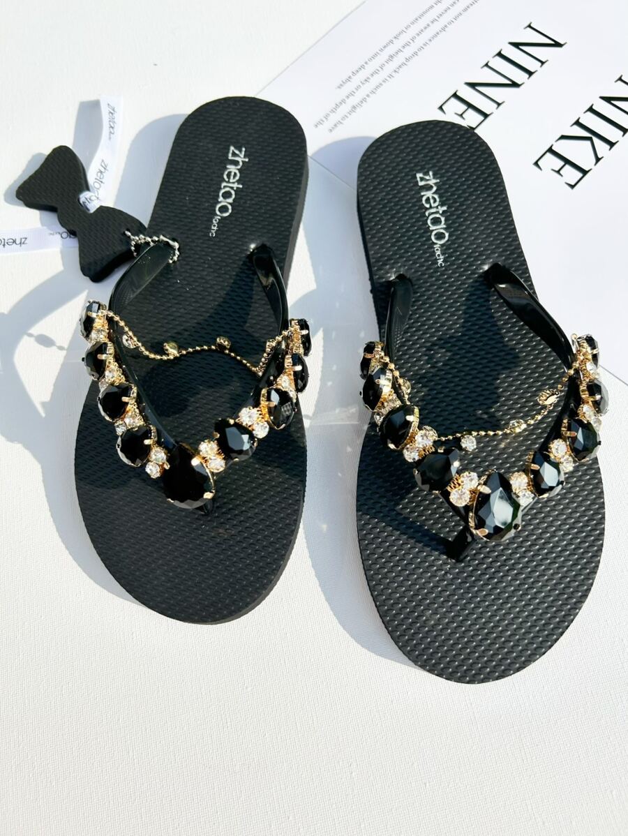 女士水鑽裝飾人字拖,魅力四射人字拖 - 黑色 - 查看 1