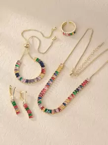 5 món đồ thời trang đơn giản dành cho nữ, cá nhân hóa, đính đá Zirconia nhiều màu sắc, gồm vòng cổ, vòng tay, nhẫn và bông tai. - Vàng - Xem 11