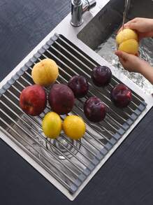 1個可摺疊不鏽鋼排水架、收納架,可用於廚房餐具、蔬果、水槽置物架 - 銀色 - 查看 4