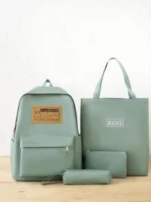 4入組兒童背包套裝帶字母圖案後背包,托特包和筆袋 - 綠色 - 查看 1