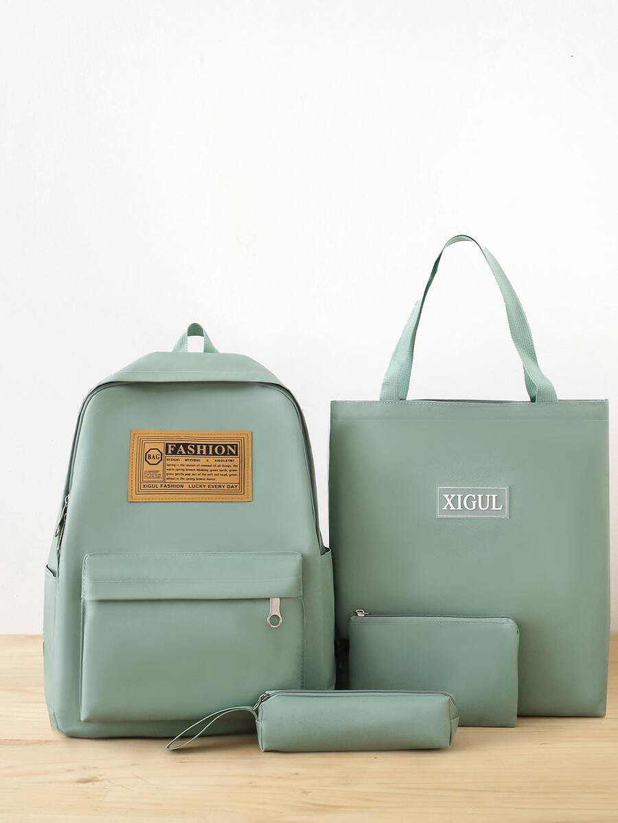 4入組兒童背包套裝帶字母圖案後背包,托特包和筆袋 - 綠色 - 查看 1