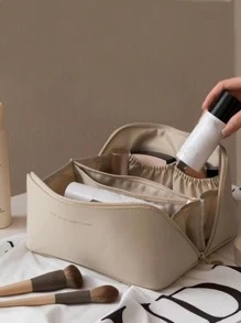 1pc Solid Color Storage Bag, Minimalist PU Portable Waterproof Toiletry Storage Bag For Travel,Boho Vibes,For Holiday Beach, Bathroom Collection, Bedroom Collection, Large Capacity - Beige - View 4