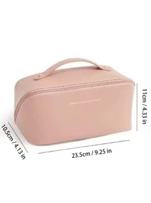 1pc Solid Color Storage Bag, Minimalist PU Portable Waterproof Toiletry Storage Bag For Travel,Boho Vibes,For Holiday Beach, Bathroom Collection, Bedroom Collection, Large Capacity - Beige - View 2