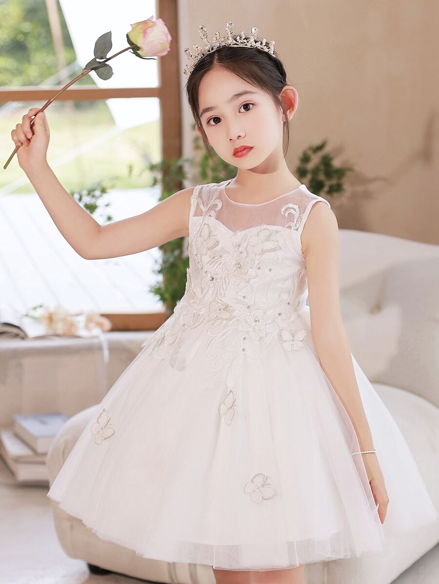 Young Girls Floral Appliques Mesh Overlay Party Dress - White - View 1