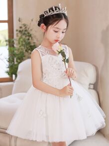 Young Girls Floral Appliques Mesh Overlay Party Dress - White - View 2