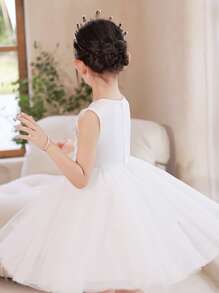 Young Girls Floral Appliques Mesh Overlay Party Dress - White - View 4