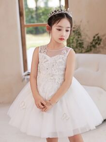 Young Girls Floral Appliques Mesh Overlay Party Dress - White - View 3