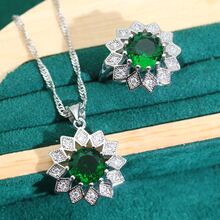 4pcs Green Cubic Zirconia Inlaid Earrings, Ring, Pendant Necklace Jewelry Set - Green - View 3