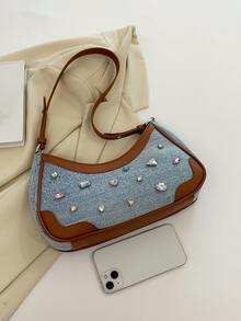 Fashionable Minimalist Half Moon Shaped Bag With Rhinestone Decor - Blue - View 6