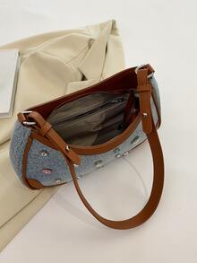 Fashionable Minimalist Half Moon Shaped Bag With Rhinestone Decor - Blue - View 8