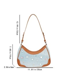 Fashionable Minimalist Half Moon Shaped Bag With Rhinestone Decor - Blue - View 3