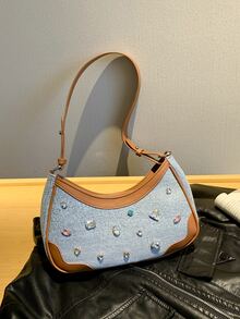 Fashionable Minimalist Half Moon Shaped Bag With Rhinestone Decor - Blue - View 1