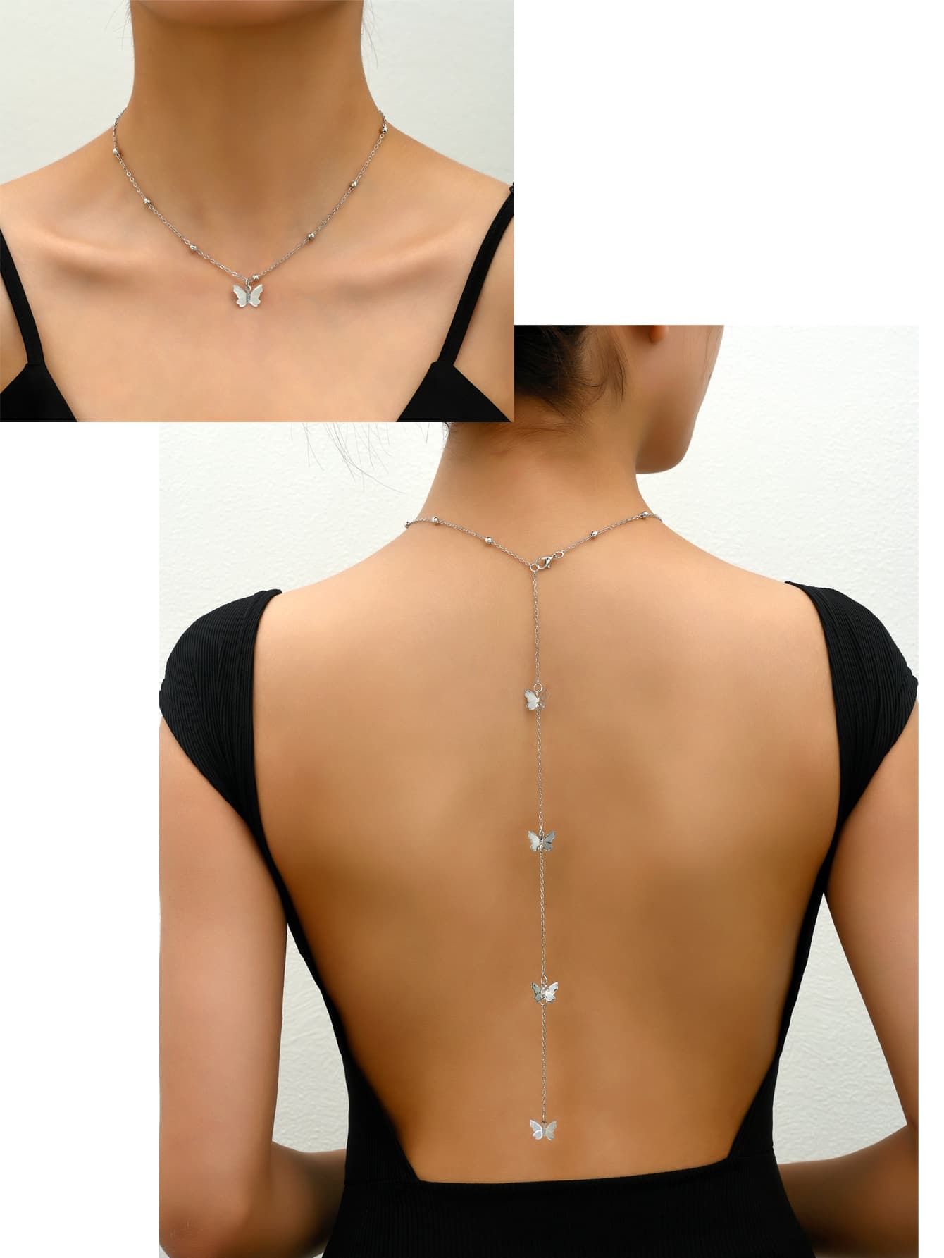 1 件银质蝴蝶吊坠项链，珠子数量随机，适合商务、聚会、度假、海滩 - 銀色 - 查看 1