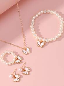 5入組兒童珠寶套裝，其中包括合金蝴蝶項鍊、珍珠手鍊、戒指、耳環和鎖骨鏈 - 白色 - 查看 3