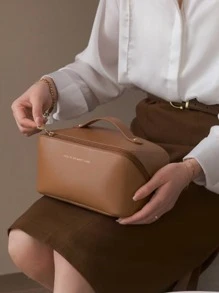 1pc Solid Color Storage Bag, Minimalist PU Portable Waterproof Toiletry Storage Bag For Travel,Boho Vibes,For Holiday Beach, Bathroom Collection, Bedroom Collection, Large Capacity - Beige - View 5