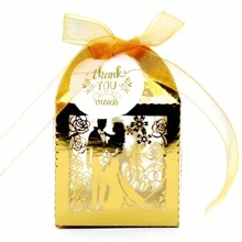 25pcs/Pack Reflective Gold Candy Box Wedding Favor Boxes With Ribbon & Thank You Tag For Festival, Party, Chocolate, Bride Groom Design, Exquisite Hollow Out Pattern, Christmas - Gold - View 4