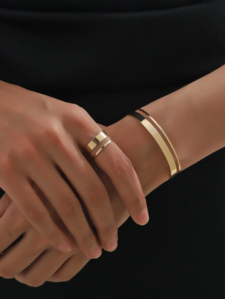 Set de bijuterii 2 bucăți minimalist cu undă geometrică din cupru, cu inele, culoare auriu/argintiu, pentru femei, îmbrăcăminte zilnică, petrecere, nuntă, cadou de ziua mamei - Aur Galben - Vizualizare 1