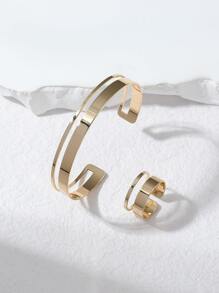 Set de bijuterii 2 bucăți minimalist cu undă geometrică din cupru, cu inele, culoare auriu/argintiu, pentru femei, îmbrăcăminte zilnică, petrecere, nuntă, cadou de ziua mamei - Aur Galben - Vizualizare 2