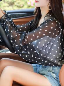 1入組雪紡波點黑色短袖披肩，陽光保護外套 - 黑與白 - 查看 2