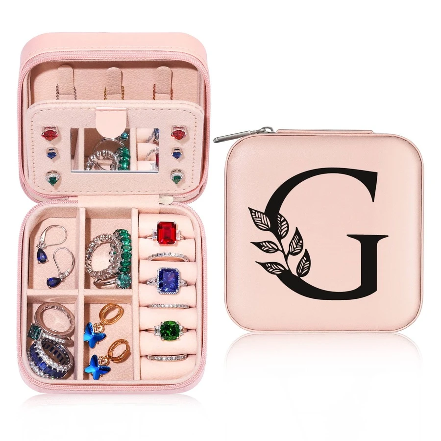 Travel Jewelry Boxes For Women Dainty Initial Pink Jewelry Birthday Travel Case Mom Daughter Friend Birthday Graduation Gifts  For Women Teen Girls - G - 查看 1