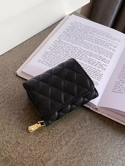 黑色 PU 皮革 优雅简洁风格 钻石网格缝线 多卡槽 大容量三折便携式女士短钱包 适合日常通勤购物与朋友聚会送礼办公室女士休闲使用和旅行女士钱包钱包小钱包