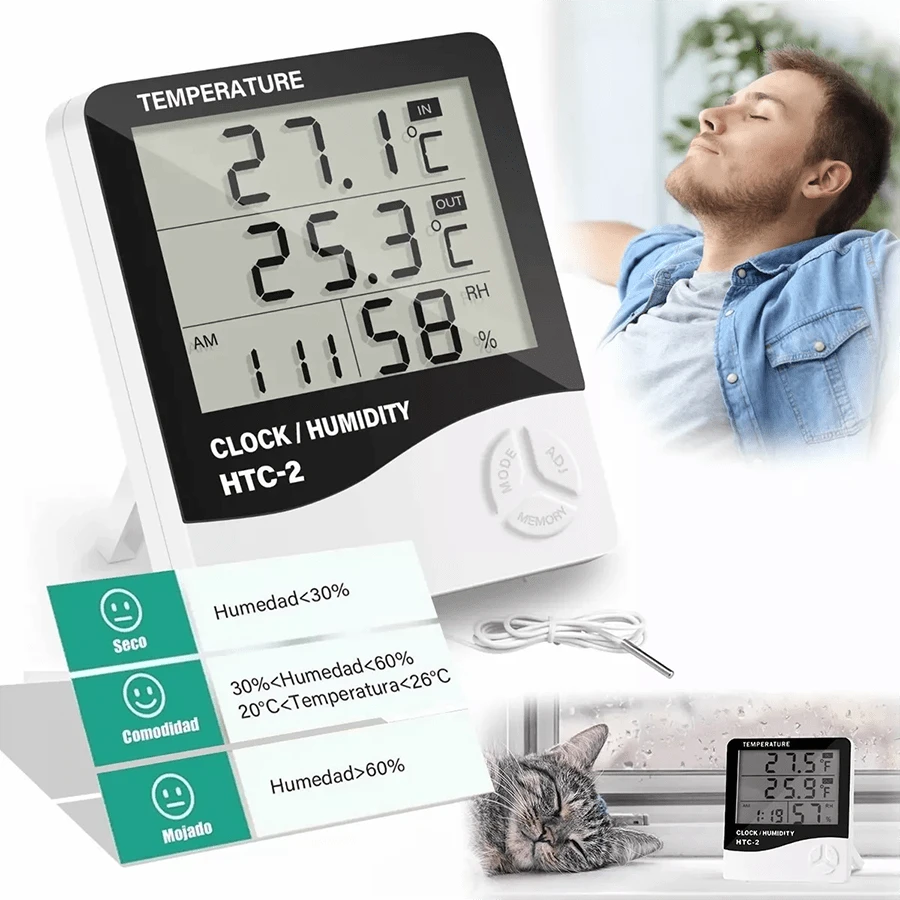 Termómetro Higrómetro Digital - Termohigrómetro de Interior Medidor de Temperatura y Humedad con Función Reloj y Alarma - Blanco - Ver 1