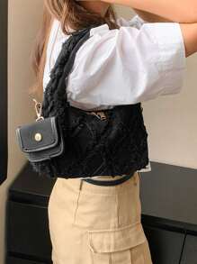 Solid Color Denim Fashionable Handbag With Coin Purse - Black - View 5