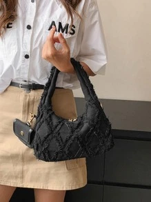 Solid Color Denim Fashionable Handbag With Coin Purse - Black - View 4