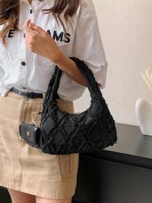 Solid Color Denim Fashionable Handbag With Coin Purse - Black - View 6