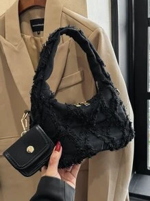Solid Color Denim Fashionable Handbag With Coin Purse - Black - View 3