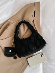 Solid Color Denim Fashionable Handbag With Coin Purse - Black - View 7