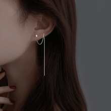 1對精美小方形設計耳朵線耳環適合女士,簡約風和優雅風格帶長流蘇,未穿孔耳夾 - 長款 - 查看 3