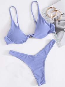 2 piezas Conjunto de bikini sexy de mujer con marco de acero de unicolor - Celeste - Ver 1