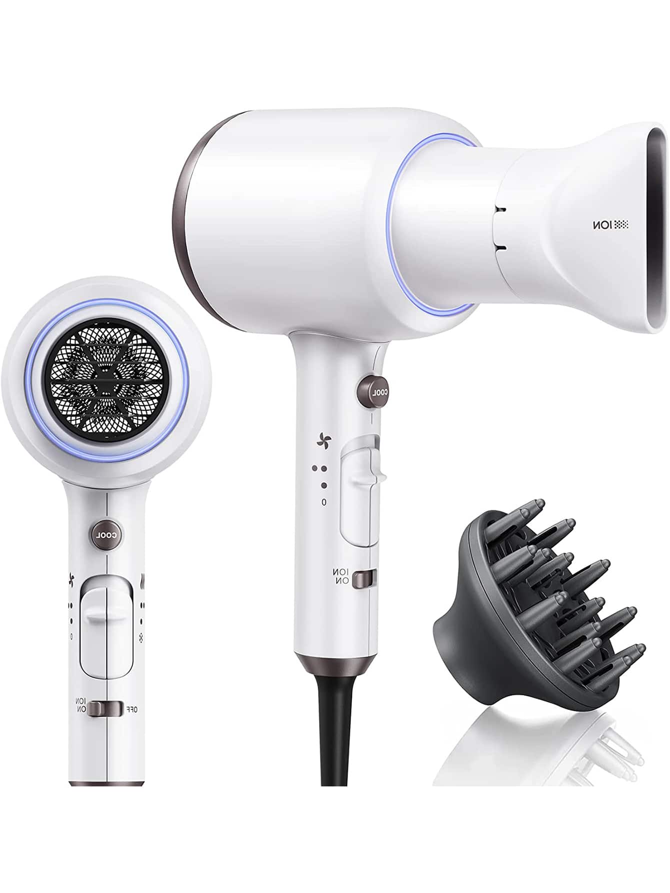 Hair Dryer with Diffuser and Concentrator, Professional 1875 Watt Negative Ions Dryer, Quiet and Fast Drying Light with Ceramic Technology Nozzle for Women Curly Hair - 白色 - 查看 1