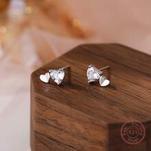 1對925 銀Love心形耳釘帶方晶鋯石 - 白金 - 查看 6