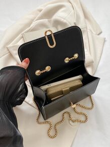 新款女士們迷你翻蓋方包金屬鏈單肩包翻蓋斜挎包 - 黑色 - 查看 5