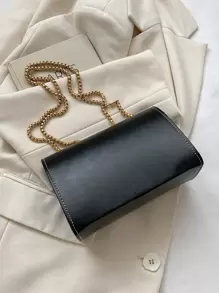 新款女士們迷你翻蓋方包金屬鏈單肩包翻蓋斜挎包 - 黑色 - 查看 4