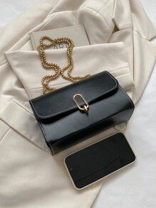 新款女士們迷你翻蓋方包金屬鏈單肩包翻蓋斜挎包 - 黑色 - 查看 3