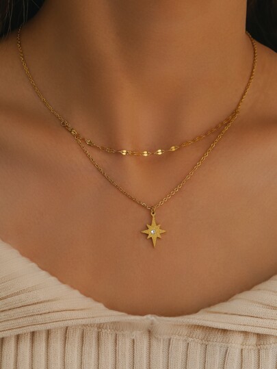 Stainless Steel Necklace With Crystal Zirconia North Star Pendant, Luxury Choker Layered Chain, Fashion Necklace For Women