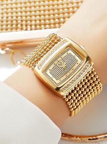 1 pieza Reloj de cuarzo de estilo retro elegante de lujo con cadena de cobre y decoración de diamante para mujeres, reloj de regalo para estudiantes que regresan a la escuela - Dorado - Ver 1