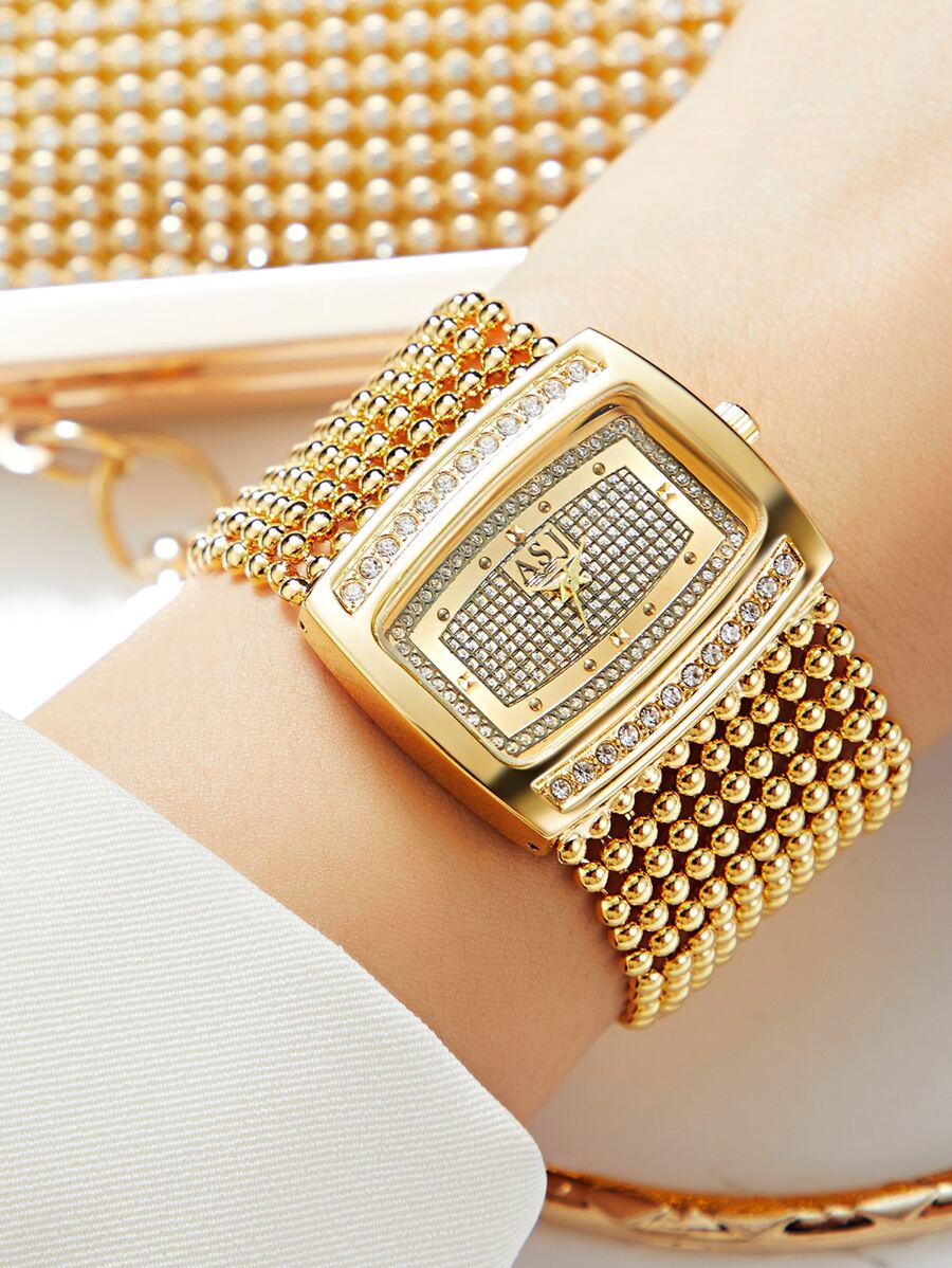 1 pieza Reloj de cuarzo de estilo retro elegante de lujo con cadena de cobre y decoración de diamante para mujeres, reloj de regalo para estudiantes que regresan a la escuela - Dorado - Ver 1