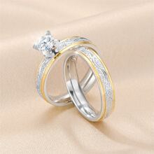 2pcs Stainless Steel Couple Rings Set, Fashionable And Versatile Simple Style Dual-tone Synthetic Diamond Wedding Band - Yellow Gold - View 1