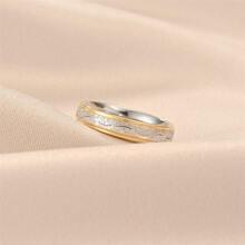 2pcs Stainless Steel Couple Rings Set, Fashionable And Versatile Simple Style Dual-tone Synthetic Diamond Wedding Band - Yellow Gold - View 6