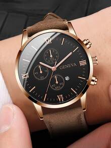 男士PU皮腰帶時尚休閒手錶帶錶盤,日曆,石英機芯&皮革手鐲套裝(5入組/套)