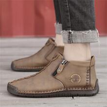 男士字母圖案側邊拉鏈手工靴子,閒暇戶外靴子 - 卡其色 - 查看 6